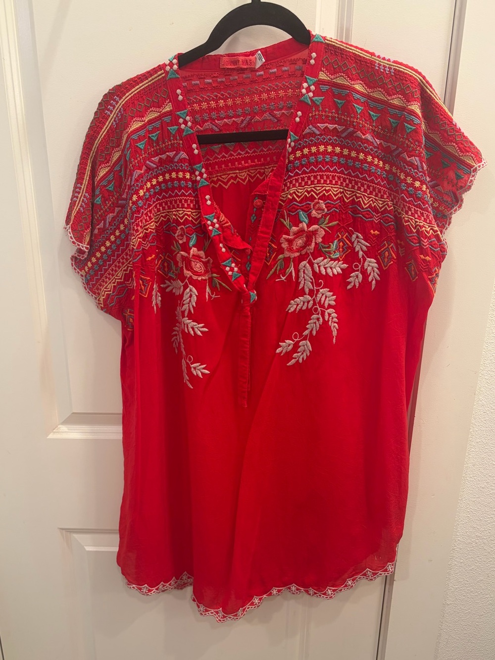 Johnny Was Red Embroidered Floral Peasant Tunic